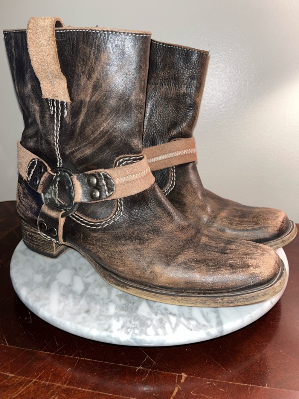 Bed Stu Brown and Tan Harness Ankle Boots